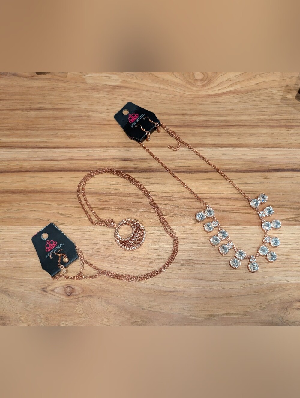 paparazzi Rose Gold Tone Crystal Drop & Circle Pendant Necklace Set
